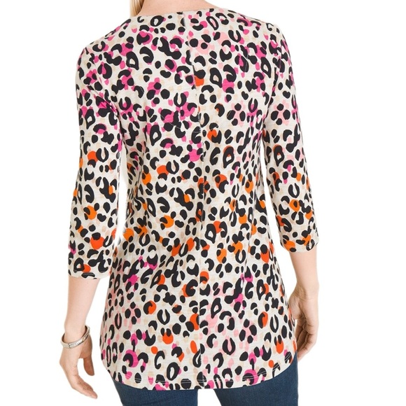 CHICOS 1 Cheetah Print V Neck Tee Multi Color Shirt 3/4 Sleeve Knit Blouse Sz M - Picture 2 of 7